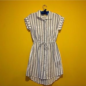Japna Women’s XS Linen Navy Blue Striped White Dress